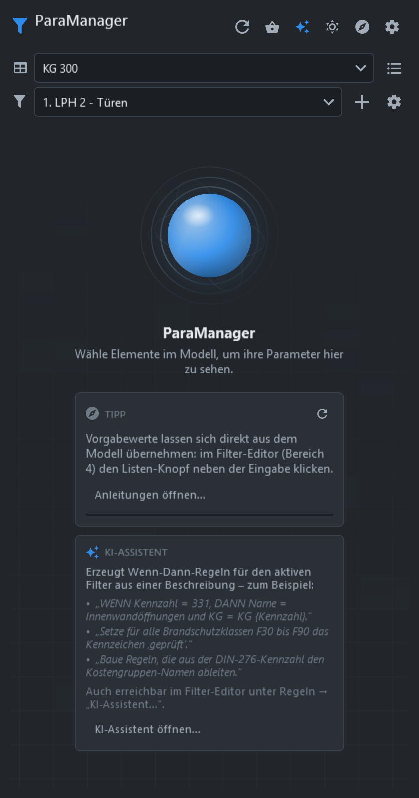ParaManager-Panel in Revit: gefilterte Parameteransicht mit KI-Assistent