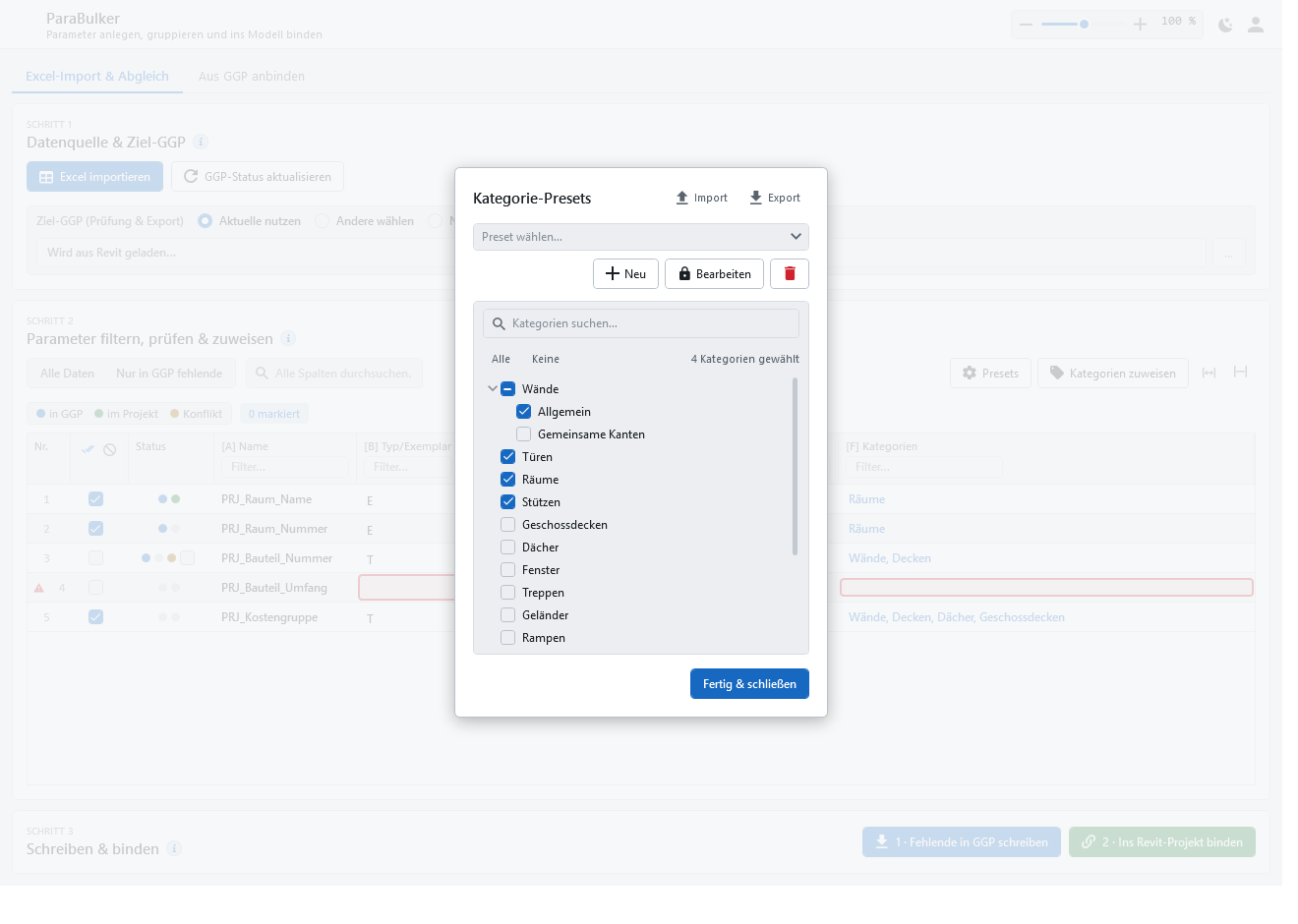Kategorie-Presets in ParaBulker verwalten, importieren und exportieren